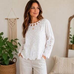 Cato White Cotton Embroidered Cutout Blouse | Boho Cottagecore Peasant Top | L